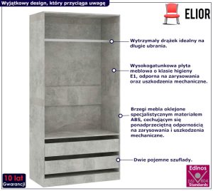 Minimalistyczna szafa bez drzwiczek beton – Uxaro 3X, dwie szuflady, drążek na ubrania, materiał MDF