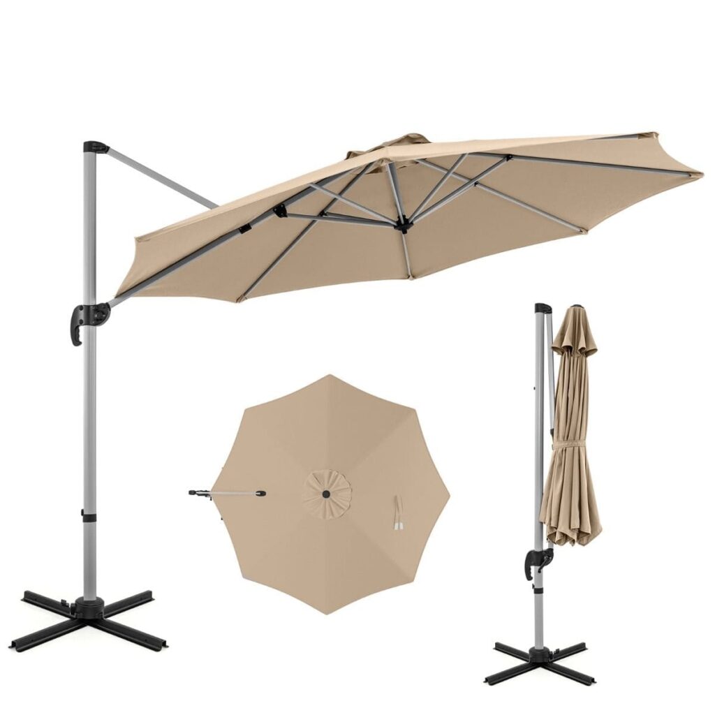 Okrągły parasol ogrodowy 339 cm – obrotowy, regulacja kąta, beżowy, poliestrowy
