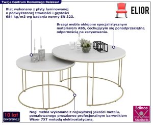Komplet dwóch stolików kawowych glamour złoty + biały – Eksa 3X, minimalistyczny design, druciany stelaż, funkcjonalność