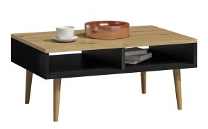 Ława z półkami do salonu dąb artisan + czarny – Olzo, minimalistyczny design, wysoka jakość wykonania