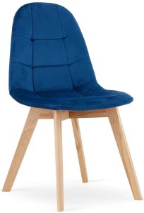 Zestaw granatowych tapicerowanych krzeseł 4 szt. – welurowe, ergonomiczne, drewniana podstawa