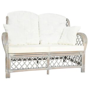 2-osobowa szara sofa rattanowa z lnianą tapicerką – naturalny rattan, lniana tkanina, 125 x 80 x 90 cm