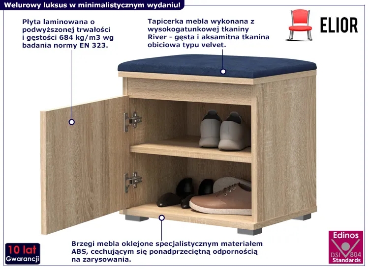 Pojedyncza szafka na buty z siedziskiem Venix 3X – minimalistyczny design, dąb sonoma + granat, wysokogatunkowe materiały