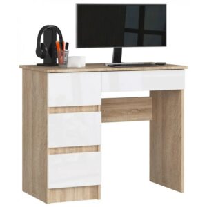 Biurko komputerowe, szkolne, lewe, 90x50x77 cm – nowoczesny design, biel, dąb sonoma, płyta laminowana