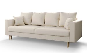Kremowa sofa rozkładana na nóżkach – Adante, funkcja spania, pojemnik na pościel, 230 cm