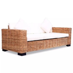 Rattanowa sofa trzyosobowa – elegancka, naturalny rattan, tkanina Alcantar, kremowe poduszki