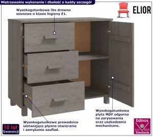 Jasnoszara komoda drewniana w stylu rustykalnym – funkcjonalna, z litego drewna sosnowego, 90 cm szerokości