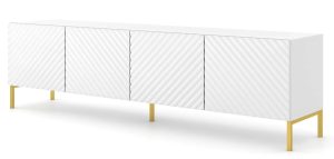 Szafka rtv w stylu glamour – biała połysk, złote nóżki, 200 cm, płyta laminowana, MDF