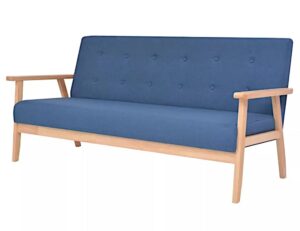 Niebieska sofa 3-osobowa – nowoczesny design, pikowane oparcie, drewniana rama