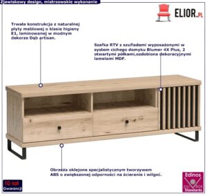 Szafka RTV z lamelami na froncie – Rovel 8X, dąb artisan, 160,6 cm szerokości