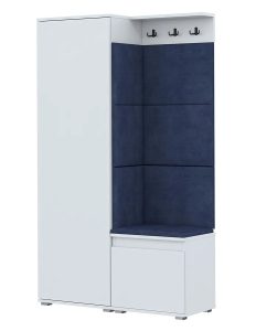 Nowoczesna garderoba do przedpokoju Fazo 5X – elegancka szafa, wieszaki, półka, szafka na buty, biały + granat, welur