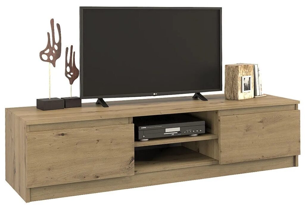 Szafka pod telewizor dąb artisan – Amida 3X 140 cm, nowoczesny design, wysoka funkcjonalność, materiał E1