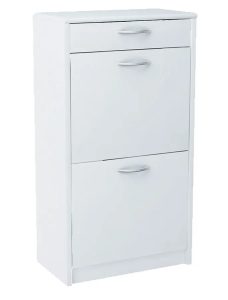 Biała szafka na buty z szufladą – Makla 2X, uchylne półki, stonowana kolorystyka, wymiary 50x28x92 cm