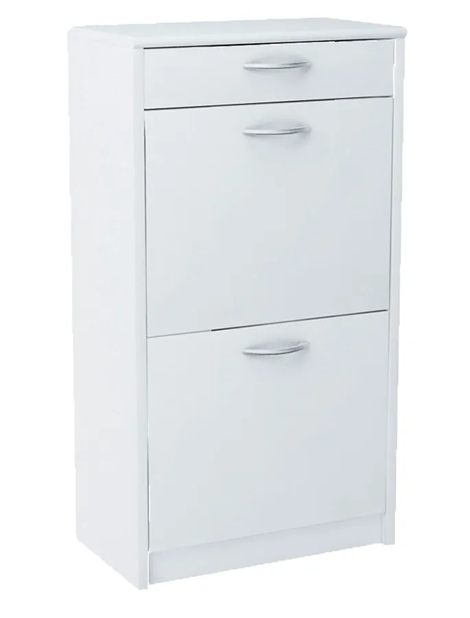 Biała szafka na buty z szufladą – Makla 2X, uchylne półki, stonowana kolorystyka, wymiary 50x28x92 cm