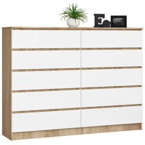 Komoda z szufladami do pokoju dziecięcego dąb sonoma + biały – Entira 3X, 10 szuflad, laminowana płyta