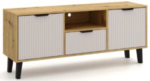 Szafka RTV na nóżkach dąb artisan + kaszmir – minimalistyczna elegancja, 140 cm, MDF