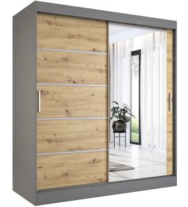 Szafa przesuwna 180 cm antracyt + dąb artisan – Marmos 5X, solidna konstrukcja, z lustrem