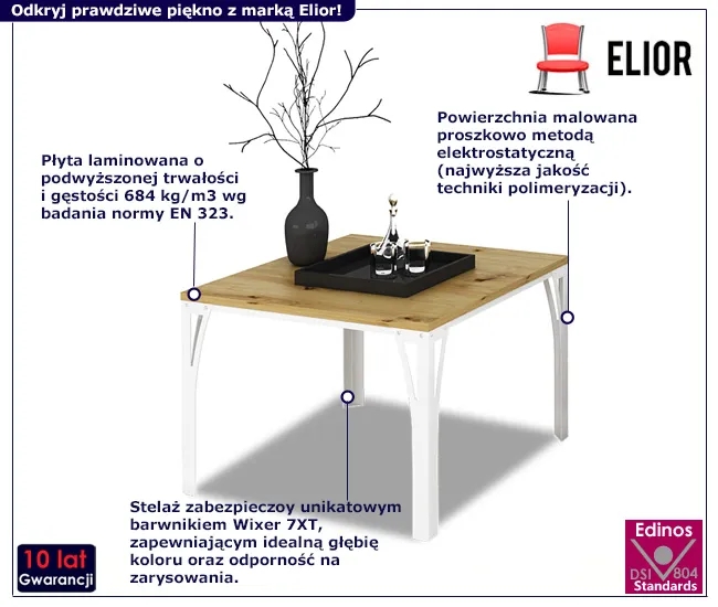 Skandynawski stolik kawowy biały + dąb artisan – Dimea 5X, nowoczesny design, niewielkie wymiary, materiał metal i płyta laminowana