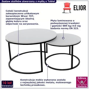 Industrialne stoliki kawowe Satell 3X – nowoczesny design, biały i czarny, metal i płyta laminowana