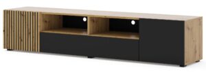 Szafka rtv z lamelowym frontem 200 cm – Aldo 8X, funkcjonalna, nowoczesny design, dąb artisan, czarny mat