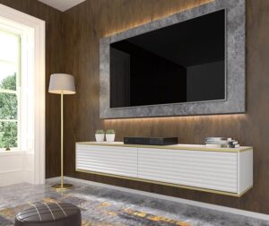 Biała podwieszana frezowana szafka rtv – elegancka, matowa biel, 33x180x40 cm, płyta meblowa