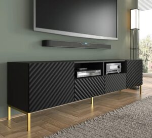 Szafka pod TV w stylu glamour czarny mat + złote nóżki – Resa 6X – elegancja, nowoczesność, wysokiej jakości materiały