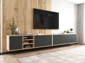 Komplet wiszących szafek rtv dąb wotan + czarny – Avila 15X