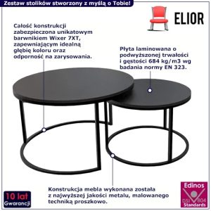 Zestaw dwóch czarnych stolików kawowych – Satell 3X, nowoczesny design, odporny na zarysowania, materiał metalowy