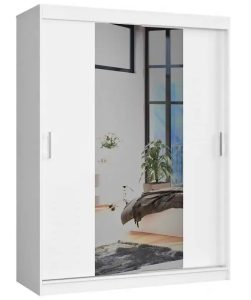 Biała szafa przesuwna z lustrem – Varmi, pojemna, 150 cm, laminowana płyta