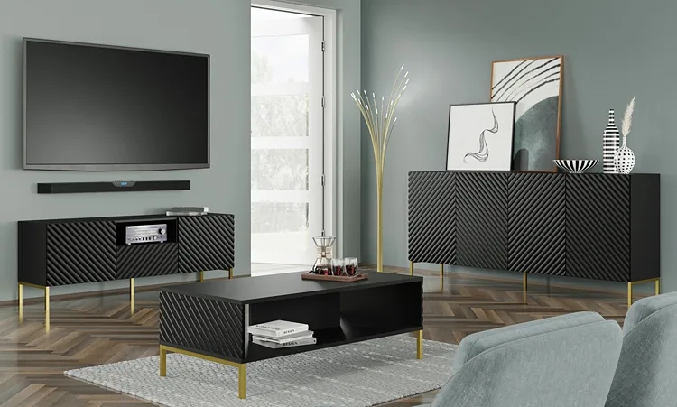 Szafka rtv z frezowanym frontem czarny mat + czarne nóżki – elegancka i nowoczesna, 150 cm, płyta laminowana, MDF