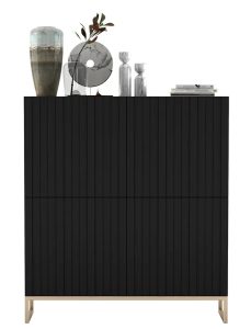 Czarna komoda z lamelowym frontem – Filo 4X, nowoczesny design, czarny mat, metalowa rama