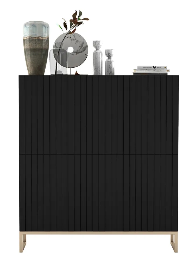 Czarna komoda z lamelowym frontem – Filo 4X, nowoczesny design, czarny mat, metalowa rama