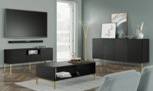 Szafka rtv w stylu glamour czarny mat + złote nóżki – Resa 5X, elegancka, nowoczesna, 150 cm
