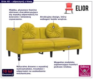 Aksamitna żółta sofa do salonu – nowoczesny design, komfortowe siedzisko, 100% poliester