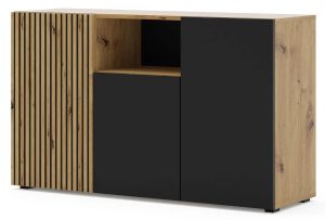 Komoda z lamelowym panelem – Aldo 3X, nowoczesny design, dąb artisan + czarny mat, 135x45x82 cm, MDF