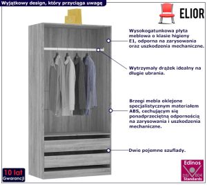 Otwarta szafa z szufladami i drążkiem szary dąb – Uxaro 3X, minimalistyczny design, wysoka jakość, funkcjonalność
