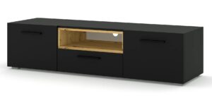 Czarna szafka rtv – minimalistyczny design, dąb artisan, 151x43x37 cm, laminowana płyta E1