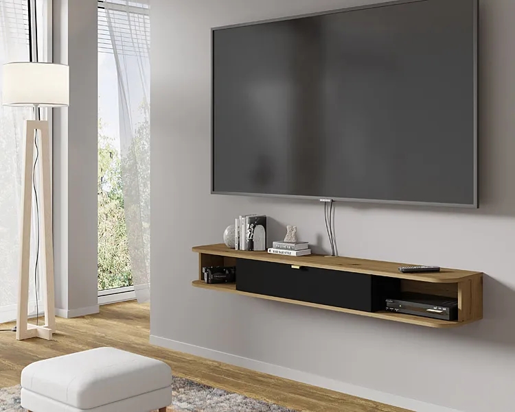 Wisząca szafka rtv dąb artisan + czarny – Calmero, funkcjonalność, nowoczesny design, trwały materiał