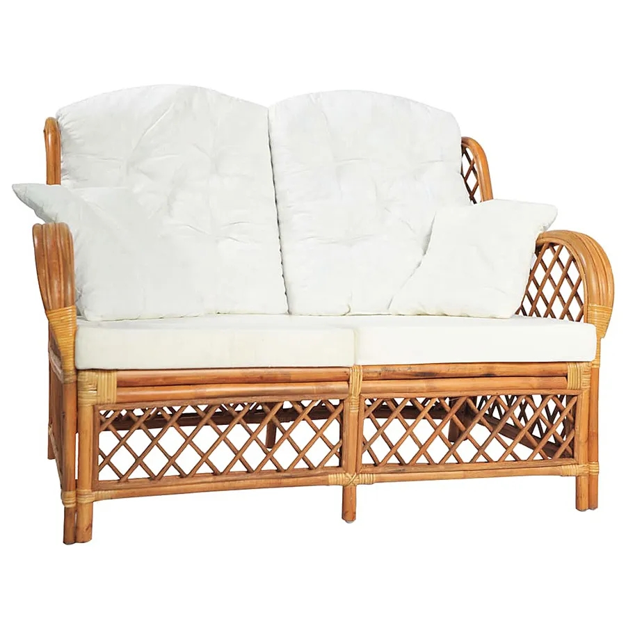 2-osobowa jasnobrązowa sofa rattanowa z lnianą tapicerką – Tygo, naturalny rattan, lniana tkanina