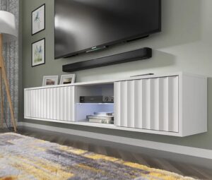Biała ścienna szafka rtv z lamelami – elegancki design, wysoka funkcjonalność, minimalistyczna forma