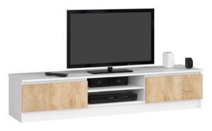 Skandynawska szafka RTV biała + dąb sonoma – funkcjonalna, stylowa, 160x40x33 cm, laminat