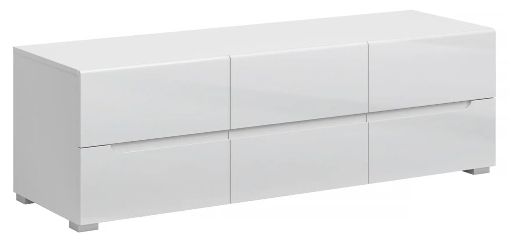 Biała szafka rtv z szufladami F8-L76 – minimalistyczny design, wysoki połysk, MDF, 140 cm