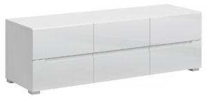 Biała szafka rtv z szufladami F8-L76 – minimalistyczny design, wysoki połysk, MDF, 140 cm