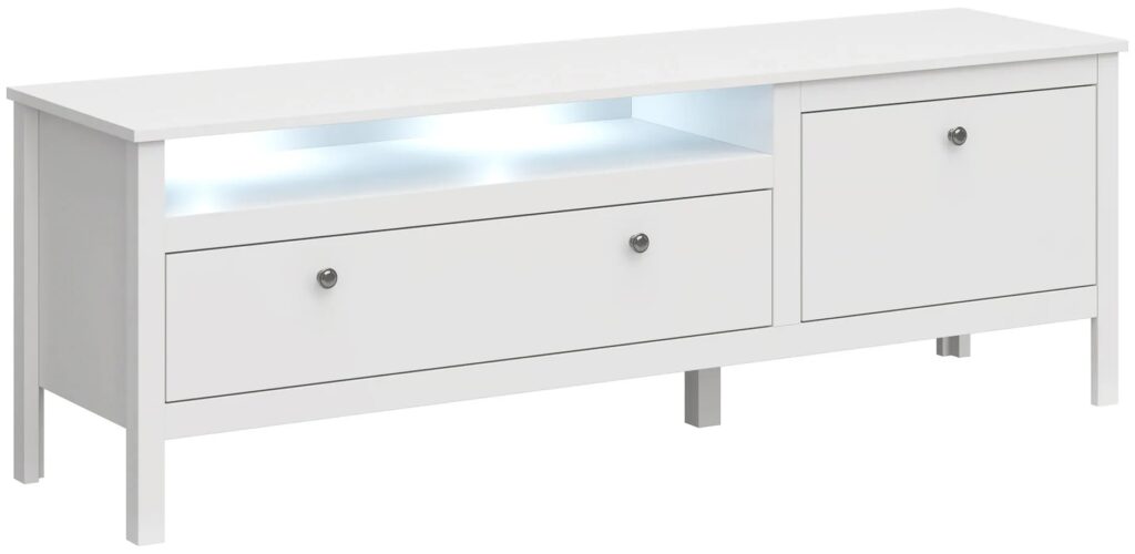 Biała Podświetlana Szafka RTV P9-B94 – nowoczesny design, skandynawski styl, 160 cm, laminowana płyta