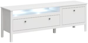 Biała Podświetlana Szafka RTV P9-B94 – nowoczesny design, skandynawski styl, 160 cm, laminowana płyta