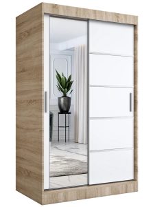 Szafa przesuwna 120 cm Ebia 3X – funkcjonalna, z lustrem, dąb sonoma + biały
