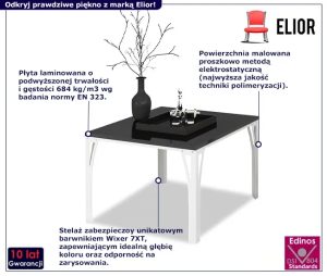 Nowoczesny stolik kawowy Dimea 5X – stabilna konstrukcja, biały mat, czarny połysk, wymiary 65x65x45 cm, metal i płyta laminowana