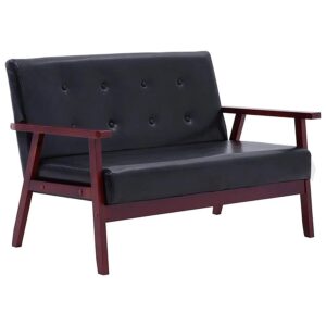 Czarna sofa retro R3-F01 – 2 osobowa, ekoskóra, drewniana rama