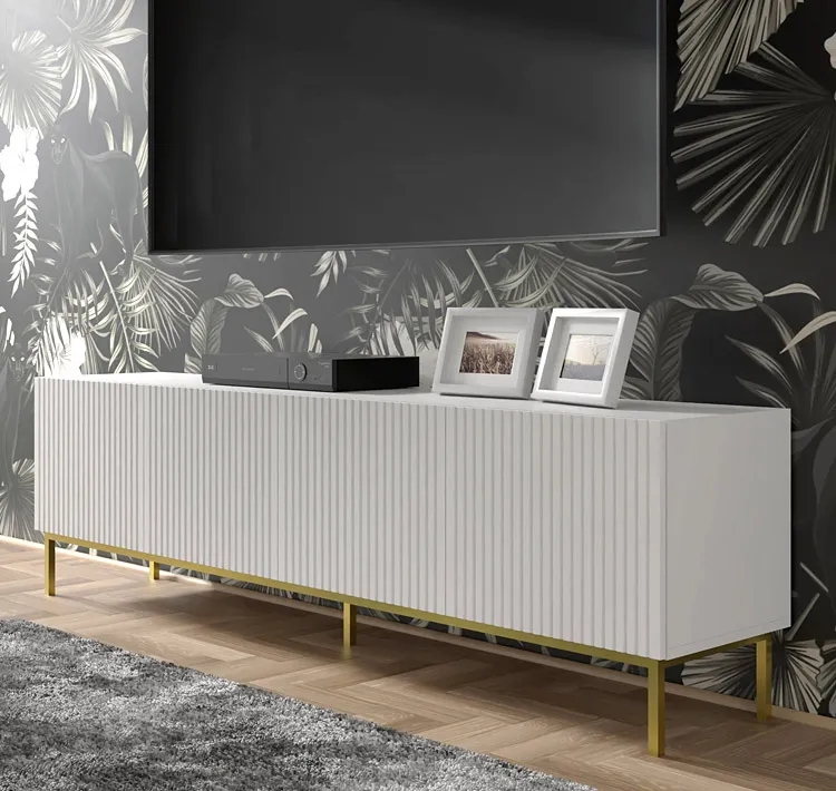 Biała szafka na TV z lamelami 200 cm – Melis 12X, nowoczesna konstrukcja, biały mat, płyta laminowana, MDF