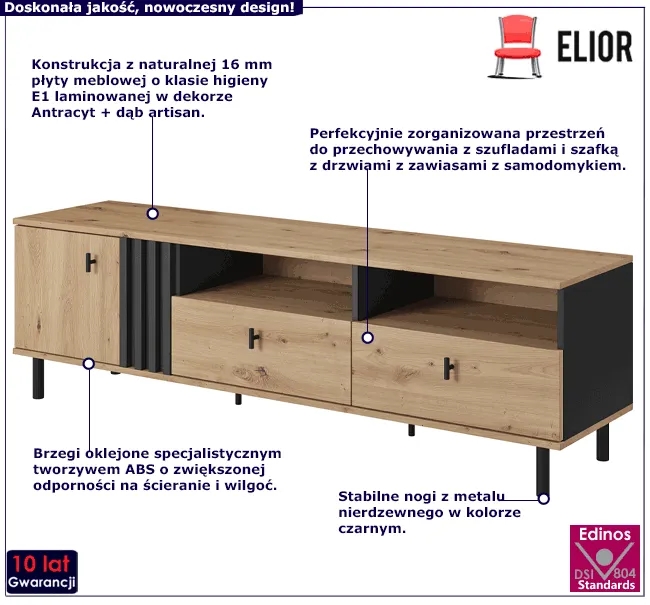 Szafka rtv z szufladami – Natta 4X, wysokiej jakości płyta laminowana, dąb artisan + antracyt